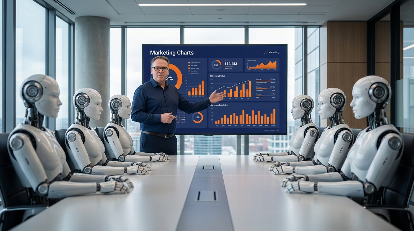 Steve Collette presenting marketing strategy to a boardroom of humanoid AI robots